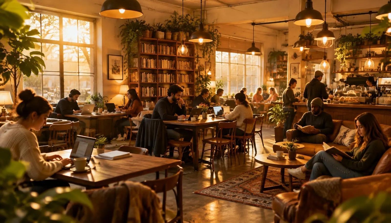 People working together at a café table with laptops and notebooks
