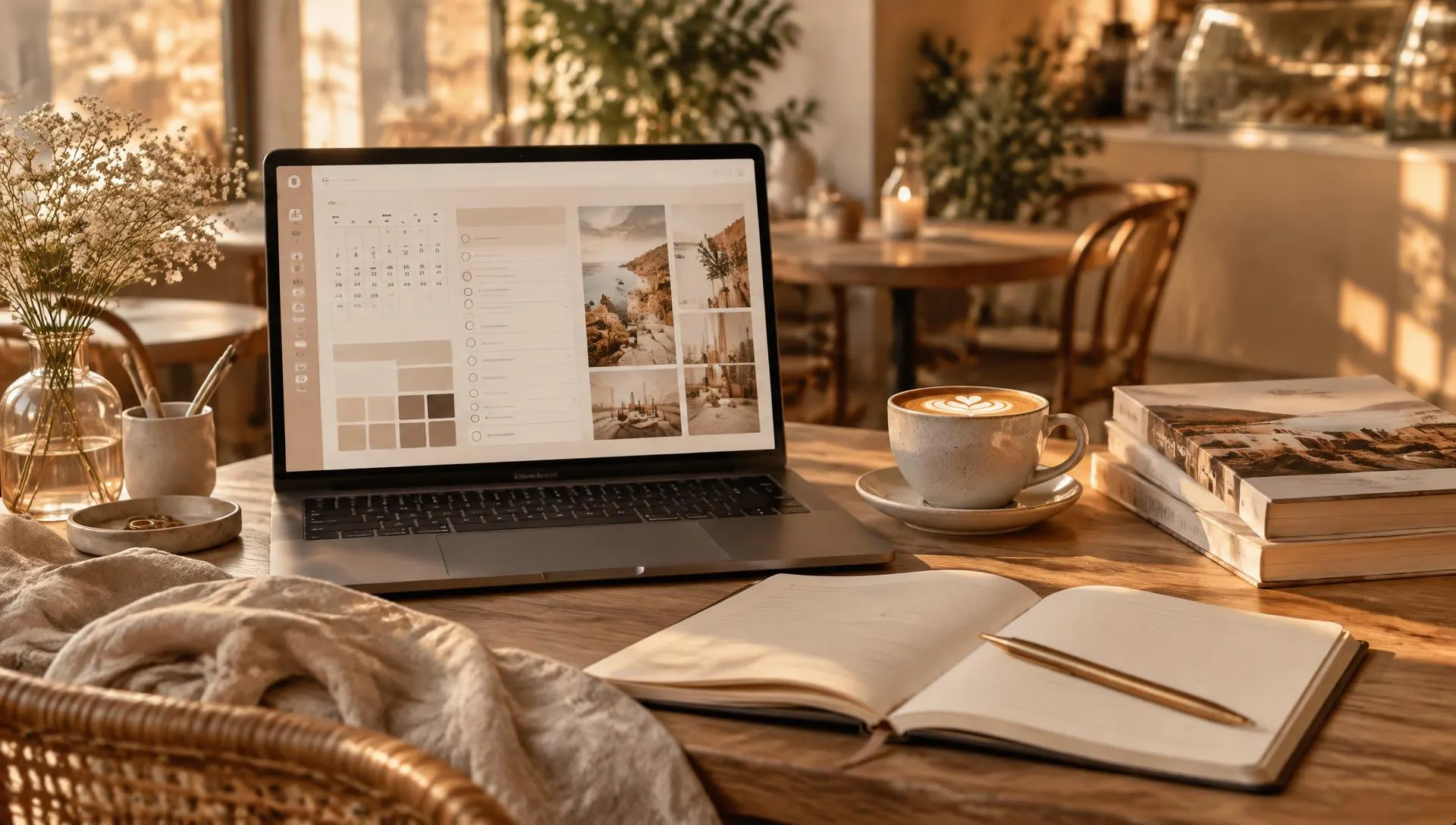 A warm café table with a laptop, coffee and printed planner pages