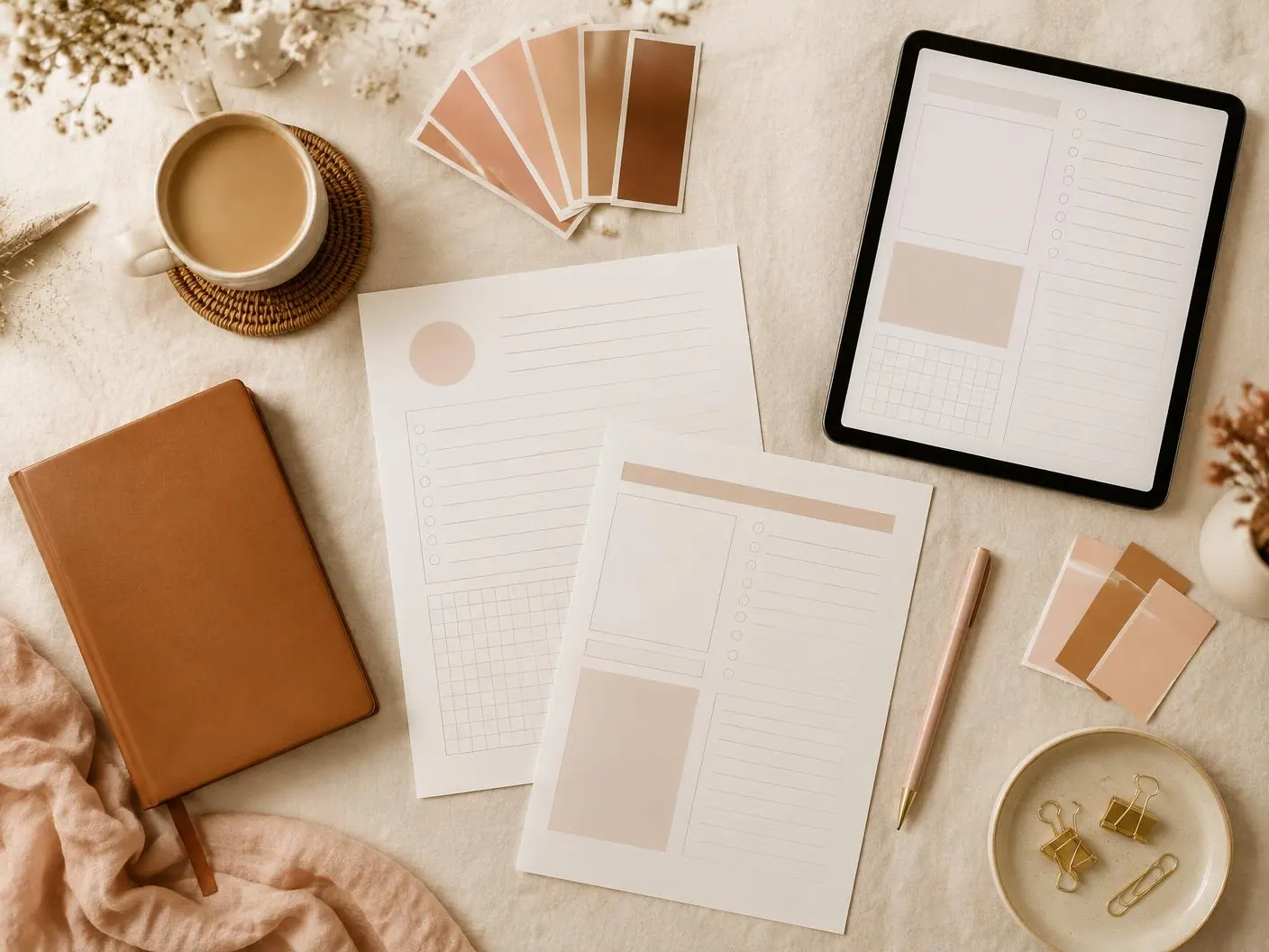 Printed planner pages and a coffee cup on a wooden desk